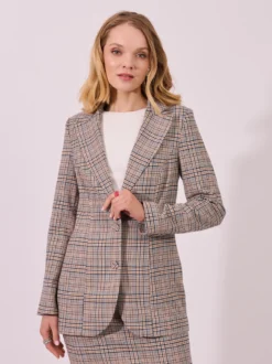 Beżowy żakiet w kratę damski | elegancki fason | QUIOSQUE