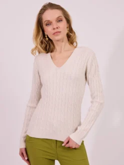 Beżowy sweter damski z dekoltem V |
