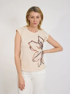 Beżowy t-shirt damski z dużym nadrukiem motyla