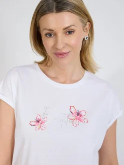 Biały t-shirt damski z napisem i kwiatami