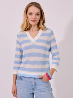Błękitny Sweter w Paski z Kołnierzykiem