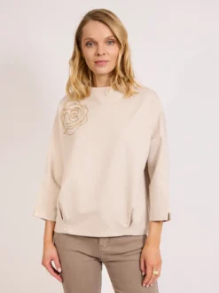 Bluzka damska beżowa z haftem – minimalistyczna elegancja