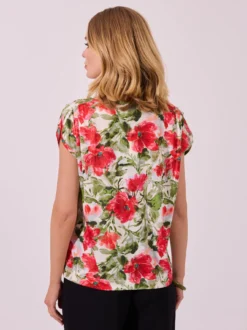 Bluzka damska czerwona w kwiaty – elegancka, krótki rękaw