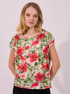 Bluzka damska czerwona w kwiaty – elegancka, krótki rękaw