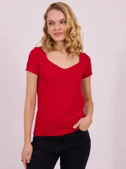 Czerwona Bluzka w Prążek z Dekoltem