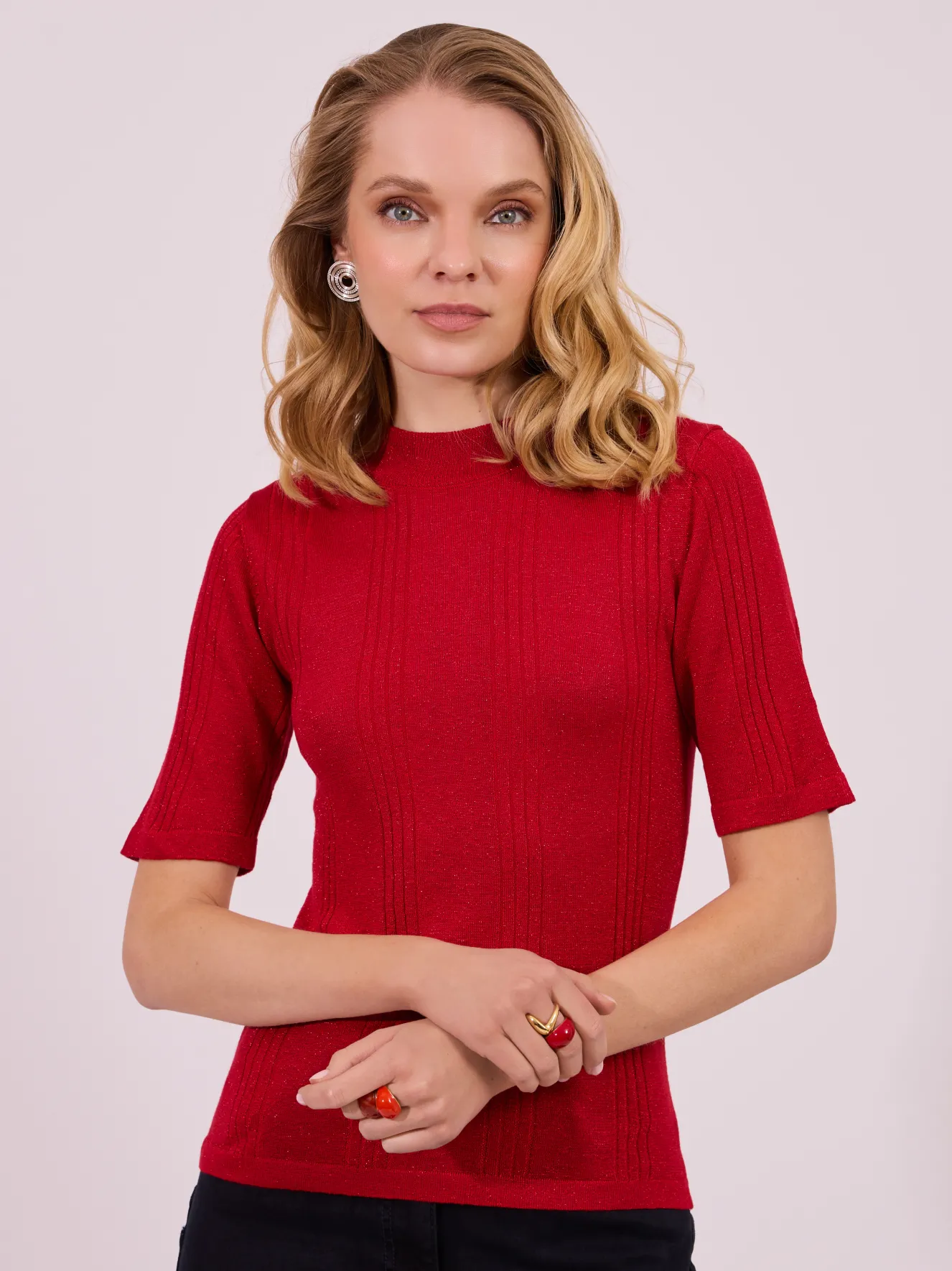 Czerwony Sweter Dzianinowy z Połyskiem