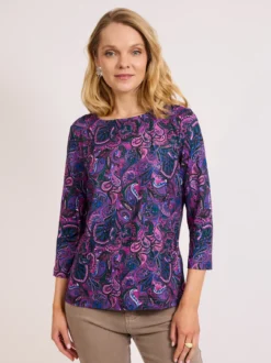 Fioletowa bluzka paisley z rękawem 3/4