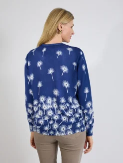 Granatowy sweter damski w kwiaty cienki