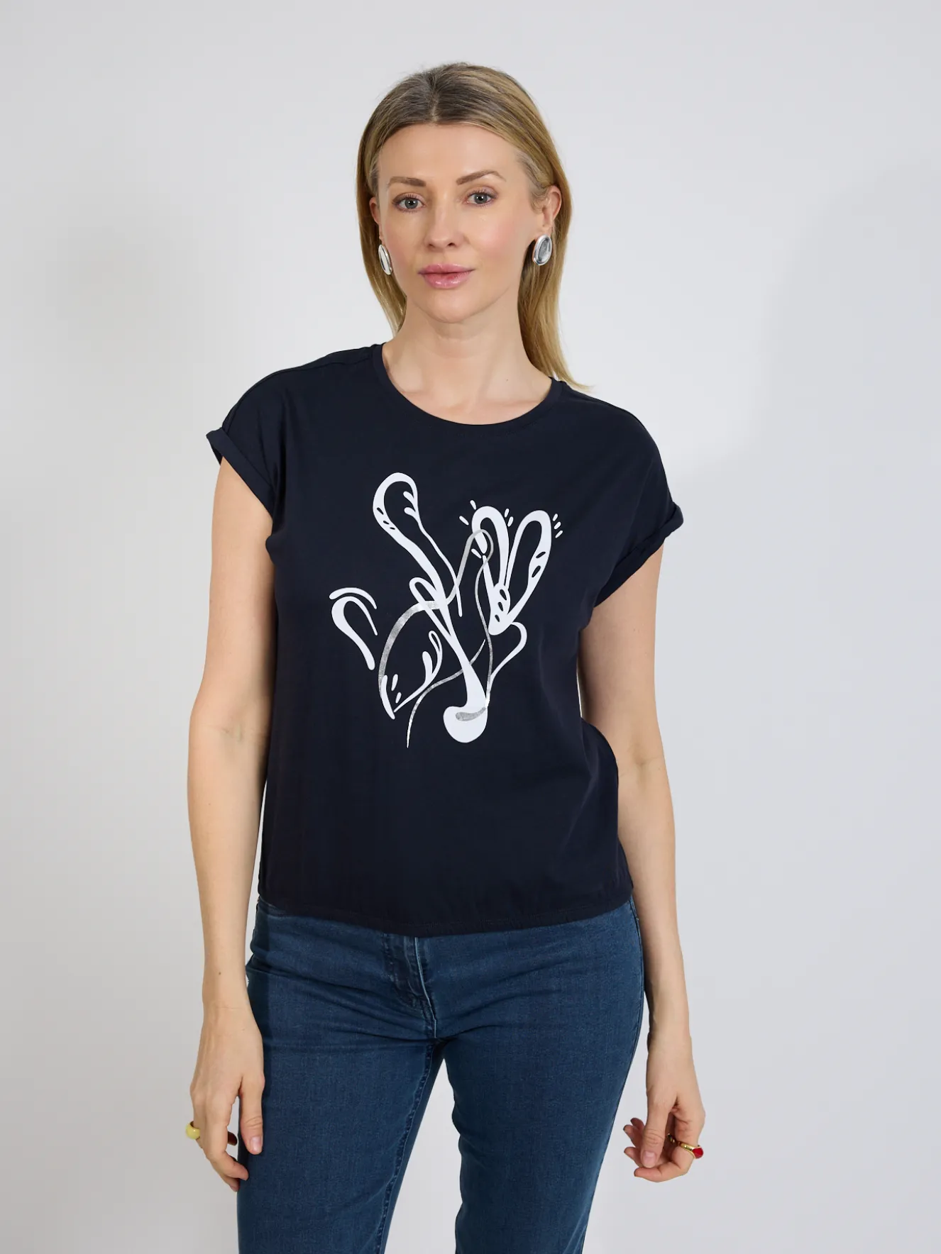 Granatowy t-shirt damski z nadrukiem