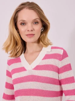 Różowy Sweter w Paski z Kołnierzykiem