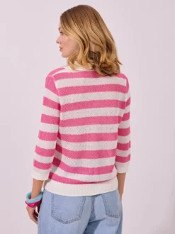 Różowy Sweter w Paski z Kołnierzykiem