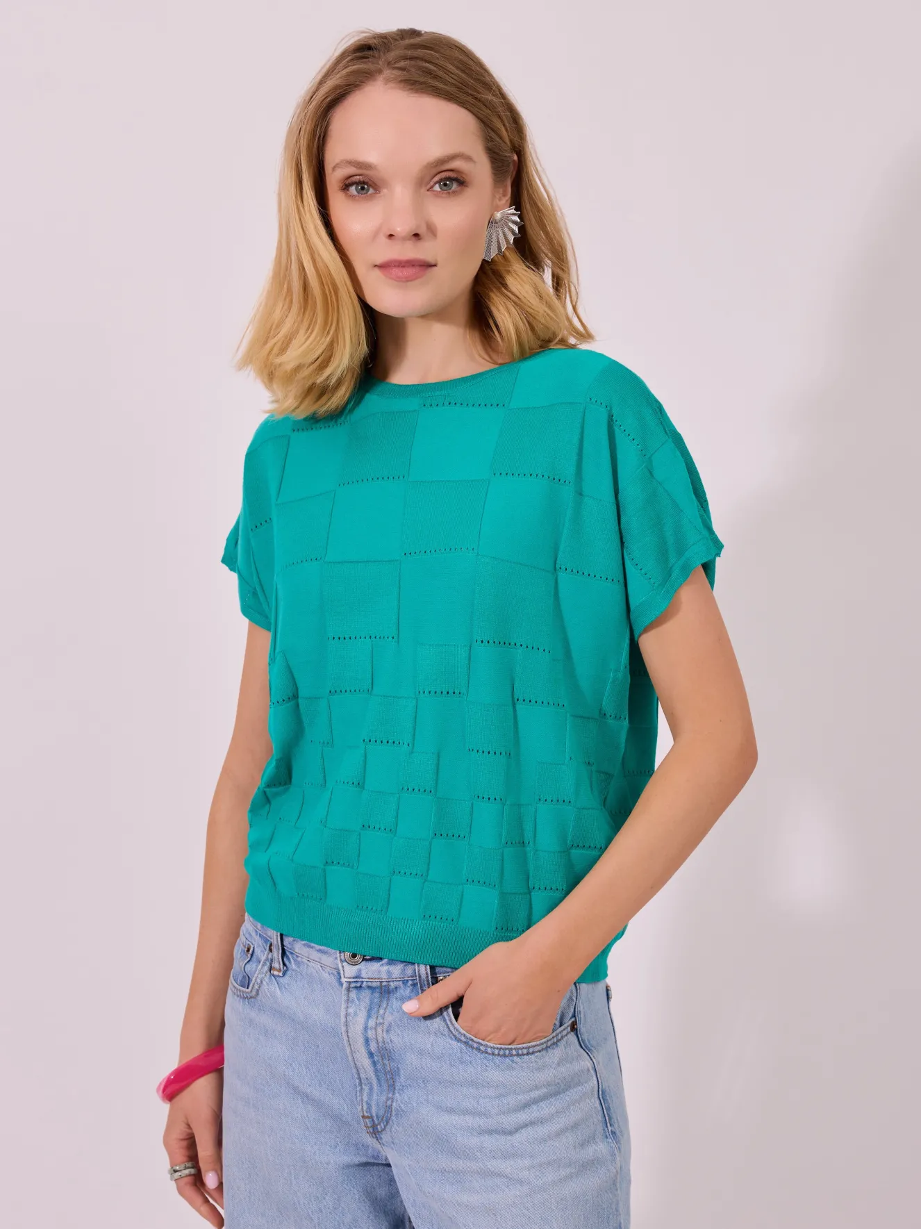 Szmaragdowy Sweter Oversize w Geometryczny Wzór