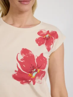 T-shirt damski beżowy z kwiatowym nadrukiem