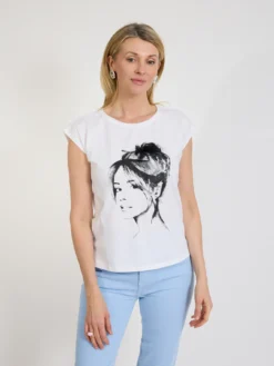 T-shirt damski biały z grafiką twarzy