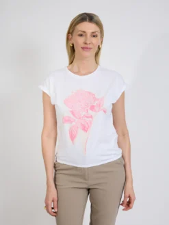 T-shirt damski biały z różowym motywem kwiatowym