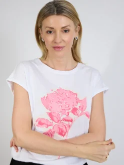 T-shirt damski biały z różowym motywem kwiatowym